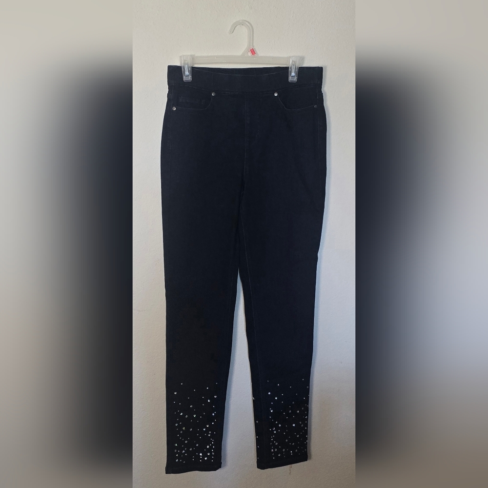 Isaac Mizrahi Live Dark Wash Rhinestone Hem Designer Demin Slim Jeans 6 Tall